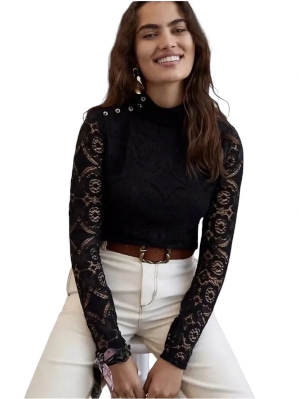 NWT Anthropologie Maeve Black Lace Mockneck Cropped Top - XS P